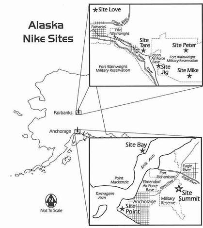 map showing names and locations of Nike sites around Anchorage and Fairbanks