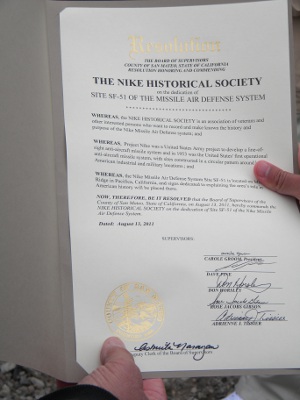 The Nike Historical Society received this resolution from the San Mateo County Board of Supervisors