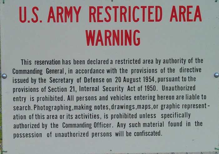 U.S. Army restricted area warning sign posted on Nike site fencing