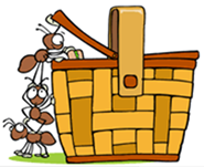 Cartoon ants going into picnic basket